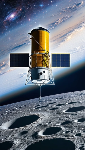 A Large Satellite Is Floating In The Sky, With A Large Dish On The Bottom