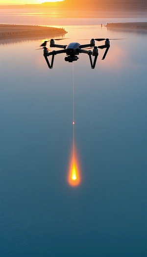 A Red Laser Beam Is Emanating From A Drone Flying High Above The Ocean