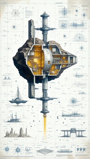 The Image Is A Black And White Drawing Of A Space Station, With A Large Rock In The Center