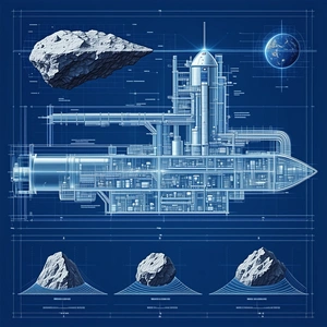 A Blue Drawing Of A Space Ship Is Shown, With A Large Rock In The Foreground