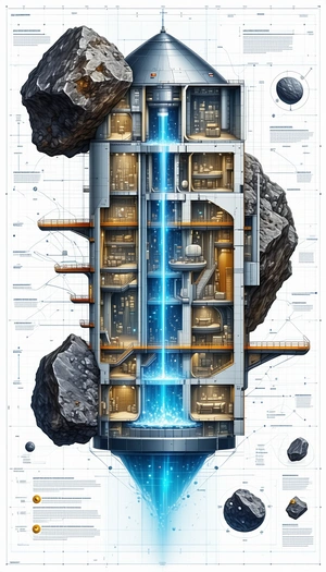 A Large, Futuristic Building Is Depicted In A Drawing, With A Blue Light Coming From The Center