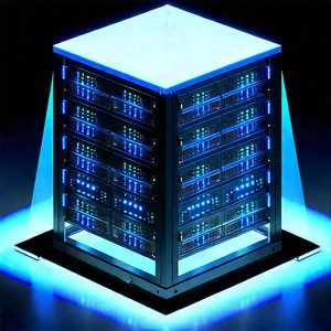 Server Rack With Holographic Projection With Large, Blue,