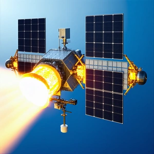 A Spacecraft Is Shown In A Blue Sky, With A Large Rocket Engine On The Bottom Of The Spacecraft