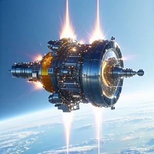 A Spacecraft Is Shown In A Close-up View, With Its Engine Lit Up