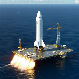 A Large White Rocket Ship Floating On Top Of A Platform In The Ocean