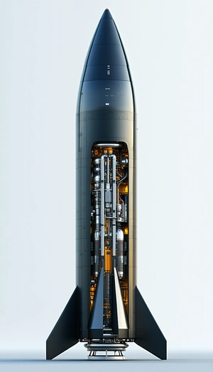 A Large Rocket Is Shown In A Close-up View, With Its Various Components Visible