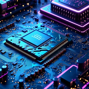 The image features a close-up of a computer chip, which is the cent...