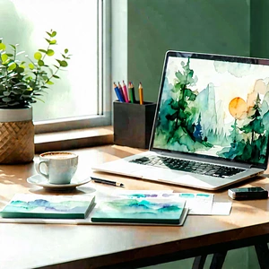 Business Watercolor Painting: Workplace with laptop and coffee on desk
