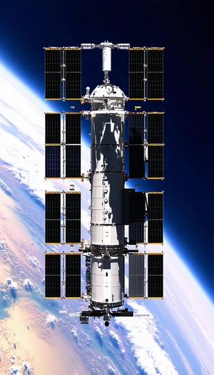 A Large Spacecraft With A White And Black Color Scheme, Floating In The Sky