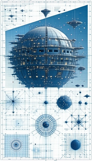 A Large, Futuristic Space Station Is Depicted In A Blue And White Drawing