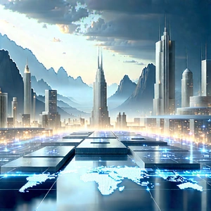 Financial Technology In (design:1.18) Studio With Futuristic Cityscape