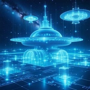 A Futuristic City With A Large, Blue, Three-layered Structure In The Center
