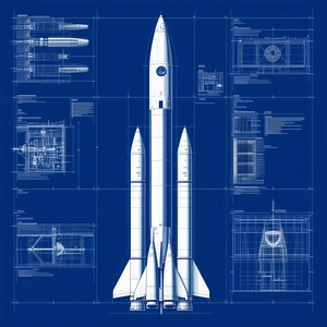 A Large White Rocket Is Shown In A Blue Drawing