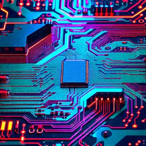 Circuit Board With Neon Accents With Close-up Computer