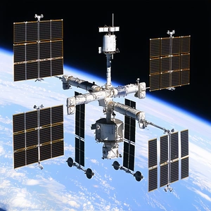 A Large Space Station With A White And Blue Color Scheme