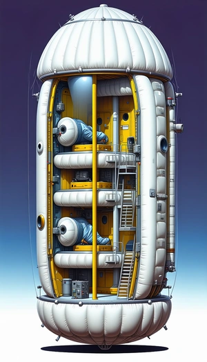 A Large White And Yellow Spacecraft Is Shown In A Blue Background