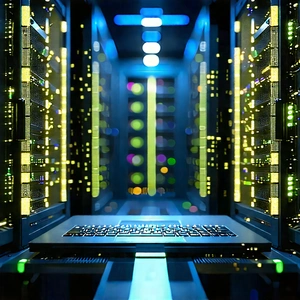 Server Rack With Digital Particles With Laptop Computer