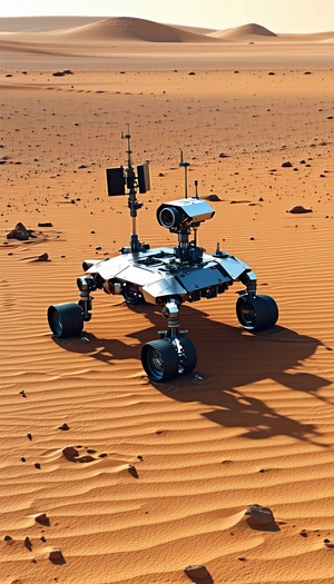 A Large Robotic Vehicle, Possibly A Rover, Sitting On A Sandy Surface