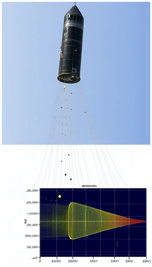 A Large Satellite In The Sky, With A Long Wire Extending From It