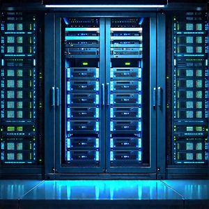 Server rack with blue light glow