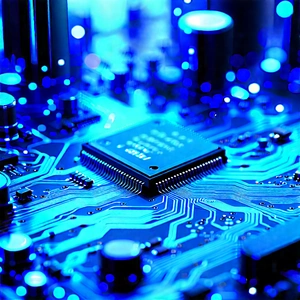 Circuit Board With Blue Light Glow With Close-up Computer