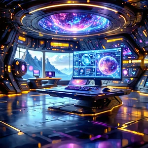 Futuristic (digital:1.42) Workspace With Futuristic Setting,