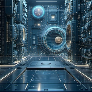 In the image, there is a futuristic scene with a large, blue, and b...