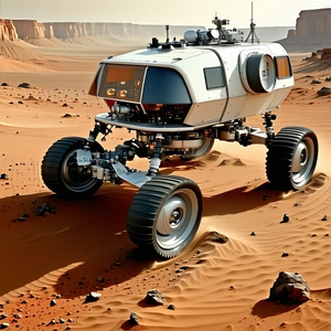 A Futuristic Vehicle With Four Large Wheels, Resembling A Tank Or A Rover
