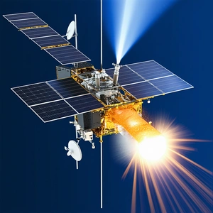 A Spacecraft With A Large Satellite Dish On Its Side