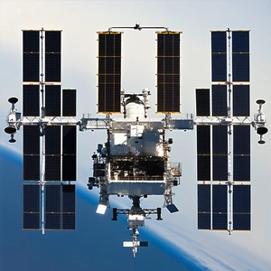 A Space Shuttle With A Large Satellite Dish On Top Of It