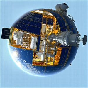 The Image Is A Close-up Of A Space Station, Which Appears To Be A Large, Blue, And White Sphere