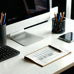 Business Technical Illustration: Workplace with productivity tools on desk