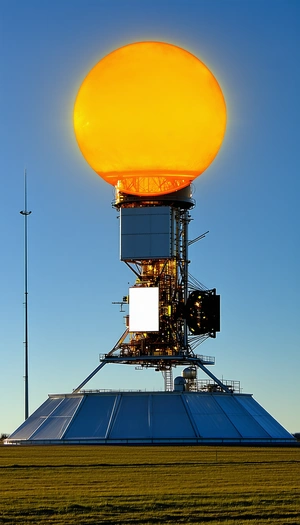 A Large, White, And Orange Structure Is Towering Over A City