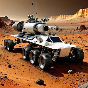 A White Vehicle Is Driving On A Red Dirt Road, With A Mountain In The Background