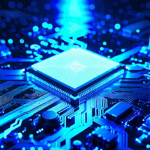 Circuit board with blue light glow