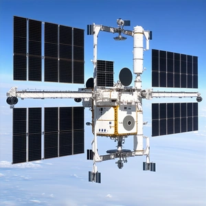 A Large Spacecraft With A White And Black Color Scheme