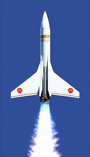 A White Rocket Ship Is Flying Through The Sky, Leaving A Trail Of Smoke Behind It