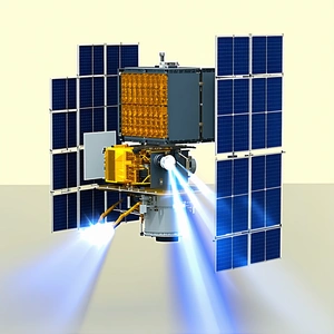 A Spacecraft Is Shown In A Computer-generated Image, With A Bright Light Shining From Its Front
