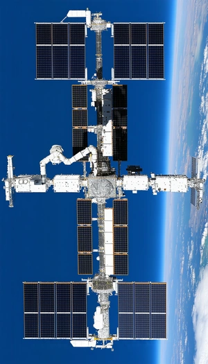 A Large Space Station With A White And Blue Color Scheme