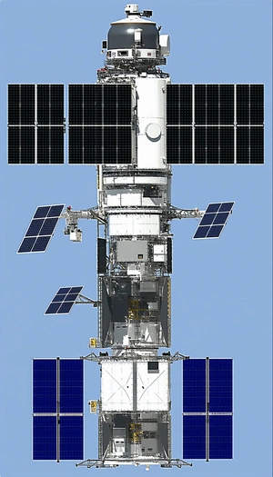 A Large Spacecraft Is Shown In A Blue Sky, With A Solar Panel On The Side