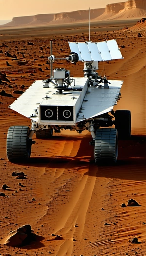 A White Rover Vehicle Driving On A Sandy Surface, Likely A Desert