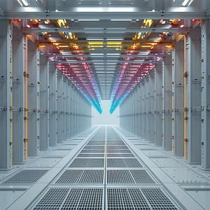 A Long, Narrow Hallway With A Row Of White Cabinets On Each Side