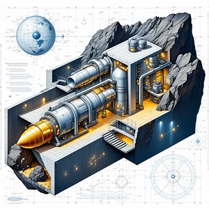 A Large, Futuristic Spacecraft Is Shown In A Blue And White Drawing