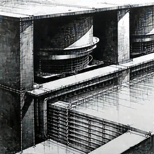 Tech Charcoal Drawing: Close-up Of Cooling System With Image, There