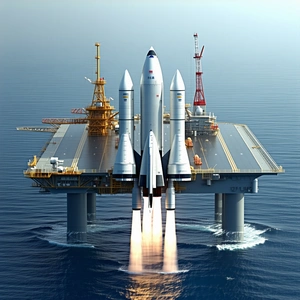 A Large White Space Shuttle Docked On A Floating Platform In The Ocean