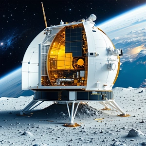 A White Space Station With A Large Dome On Top, Floating In The Air