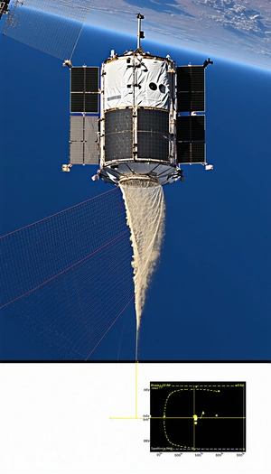 A Large Satellite In The Sky, With A Long Red Cord Trailing Behind It