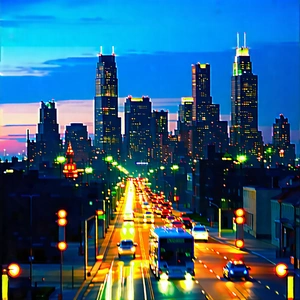 Urban Concept Art: Cityscape Of Downtown District During Night With Captures Bustling
