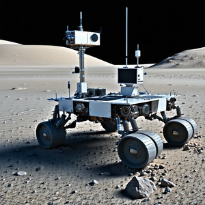 A Robotic Vehicle Is Parked On A Rocky Surface, With A Large Rock In The Foreground