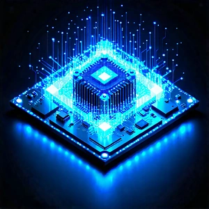Quantum Computer With Blue Light Glow With Blue White